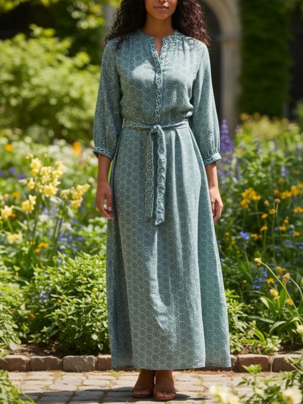 Max Studio Green Medallion Print Maxi Dress Tie Waist Long Sleeve XS